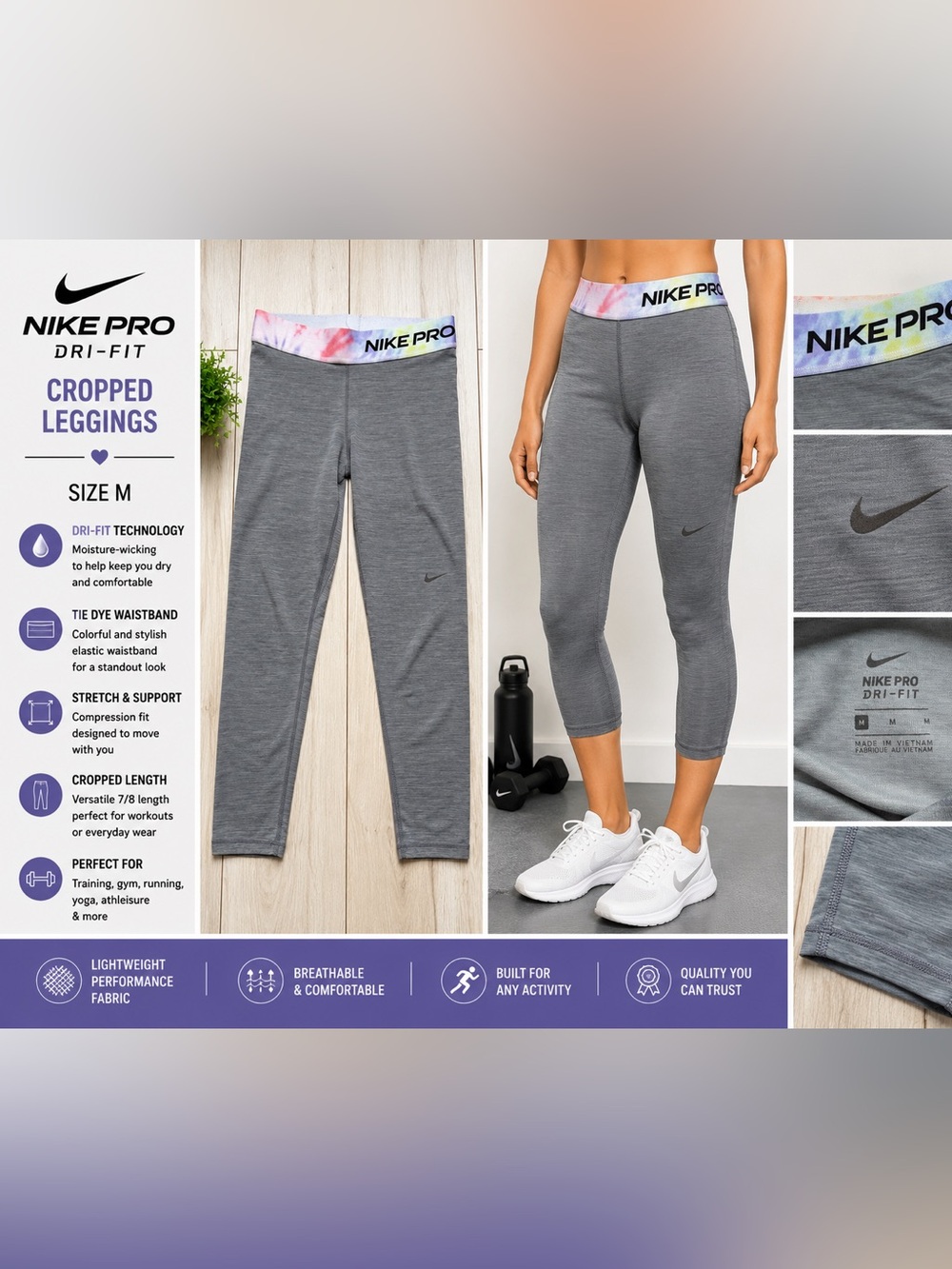 Nike Pro Dri-FIT Gray Cropped Leggings Women’s Medium Tie Dye Waistband